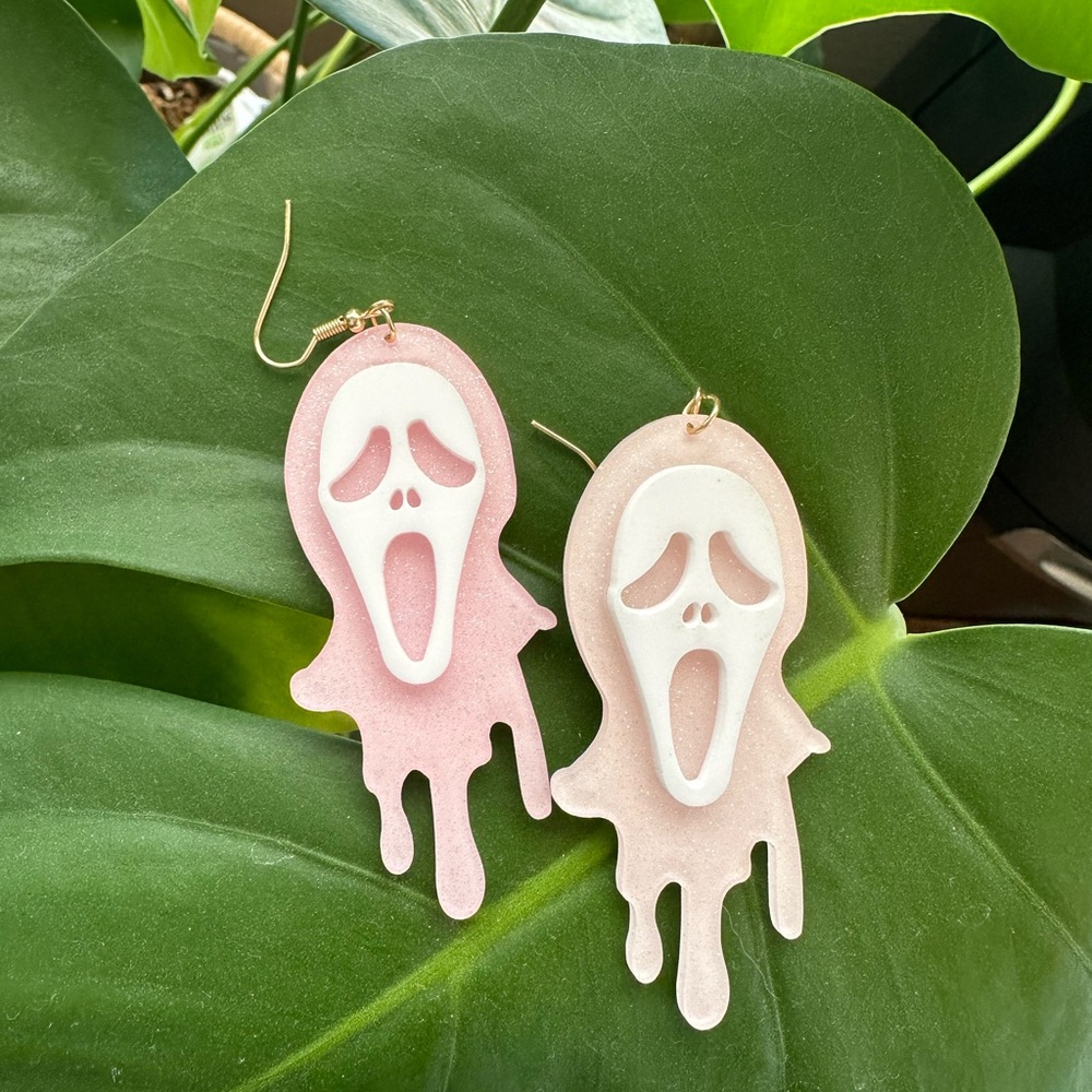 Pink Sparkly Ghost Face Halloween Dangle Earrings, NWT